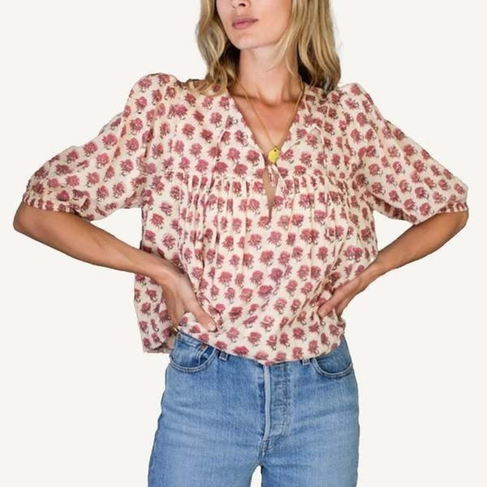 Emerson Fry Indian Collection Isla Blouse Pink Floral Organic Cotton Sz XS/S